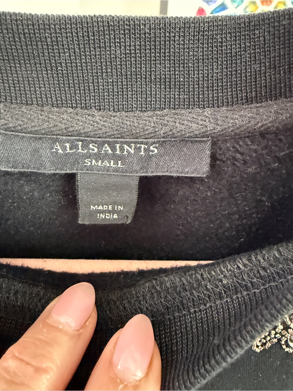 AllSaints Cecile Pippa embellished sweatshirt in black | Small - Picture 7 of 8